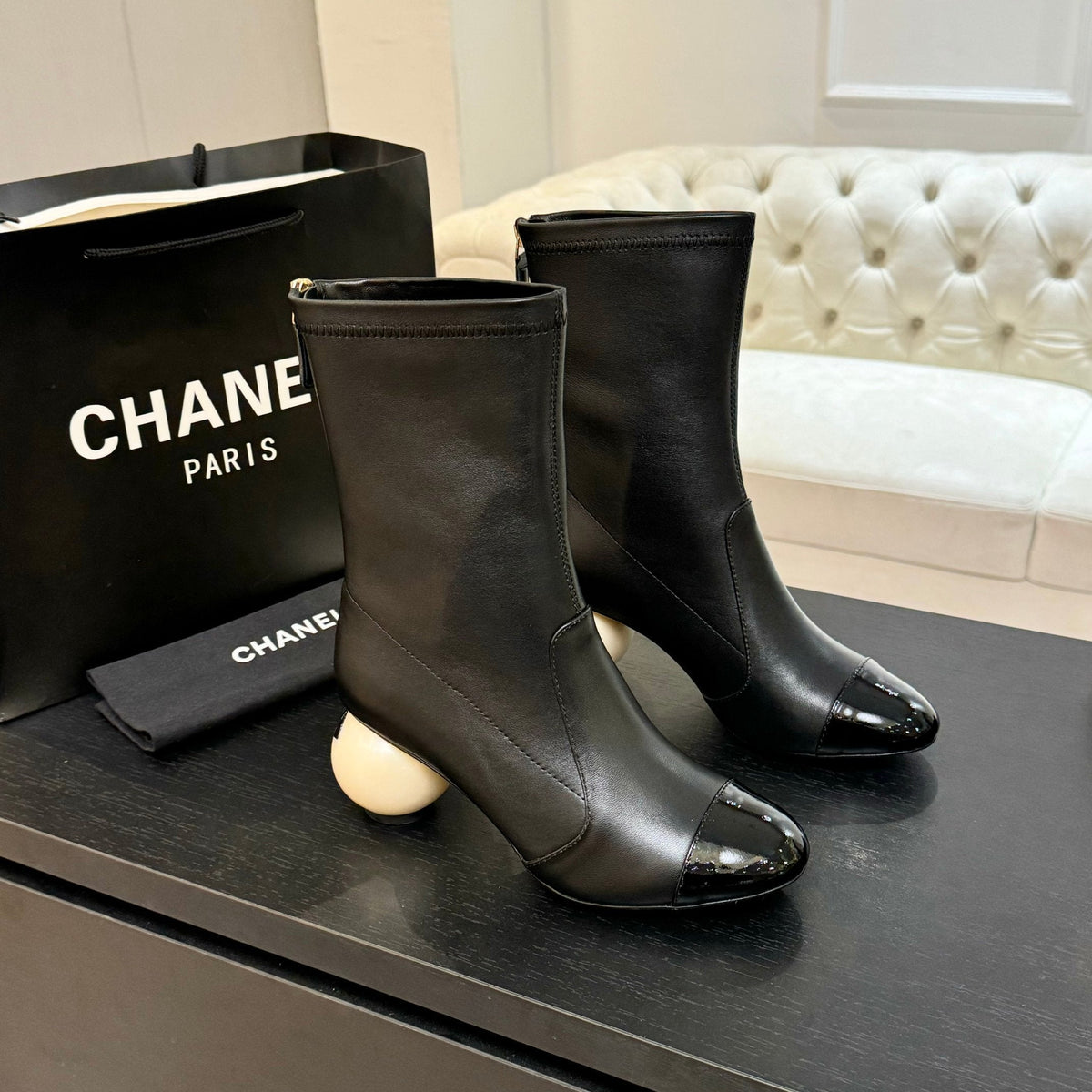 Chanel Pearl Boots 65mm in Black Calfskin