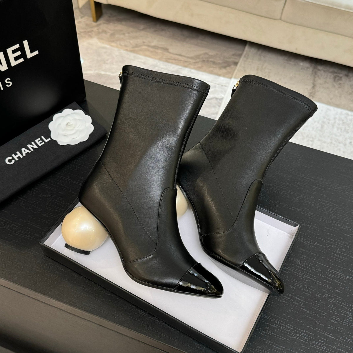 Chanel Pearl Boots 65mm in Black Calfskin