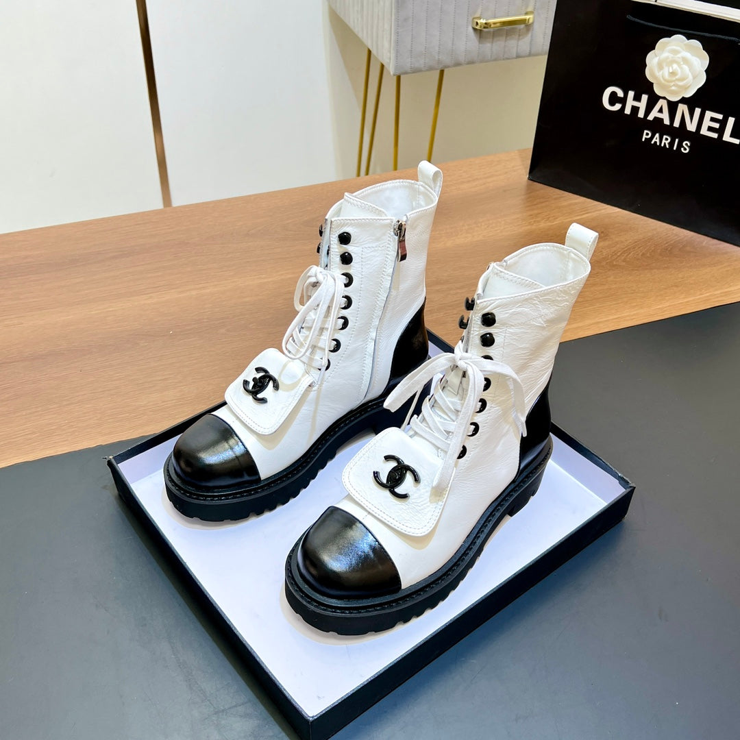 Chanel 25S High Ankle Boots with Zipper in White Glossy Calfskin Gold Hardware