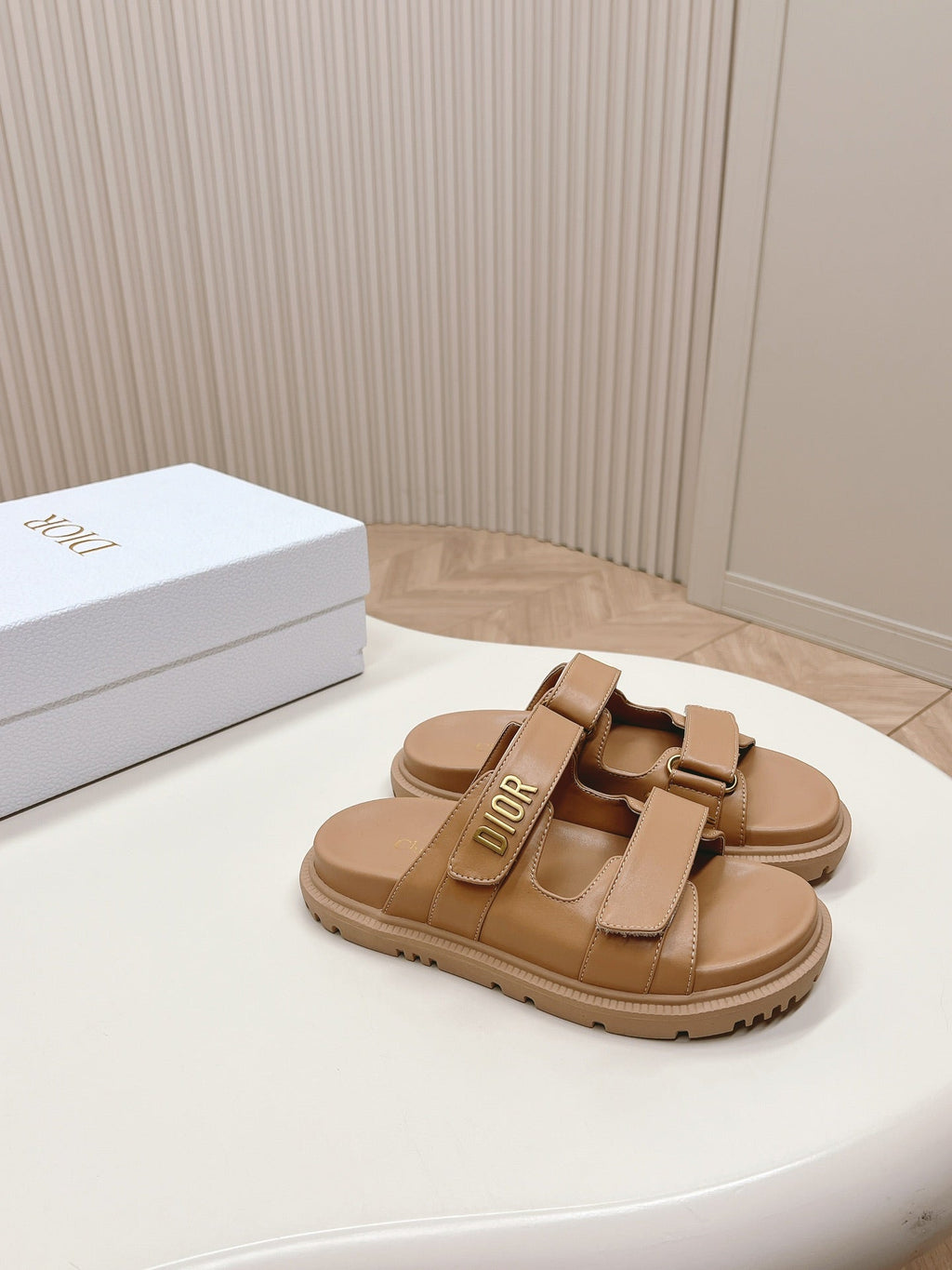 Dior Classic Double-Strap Slides 25S in Light Brown Calfskin