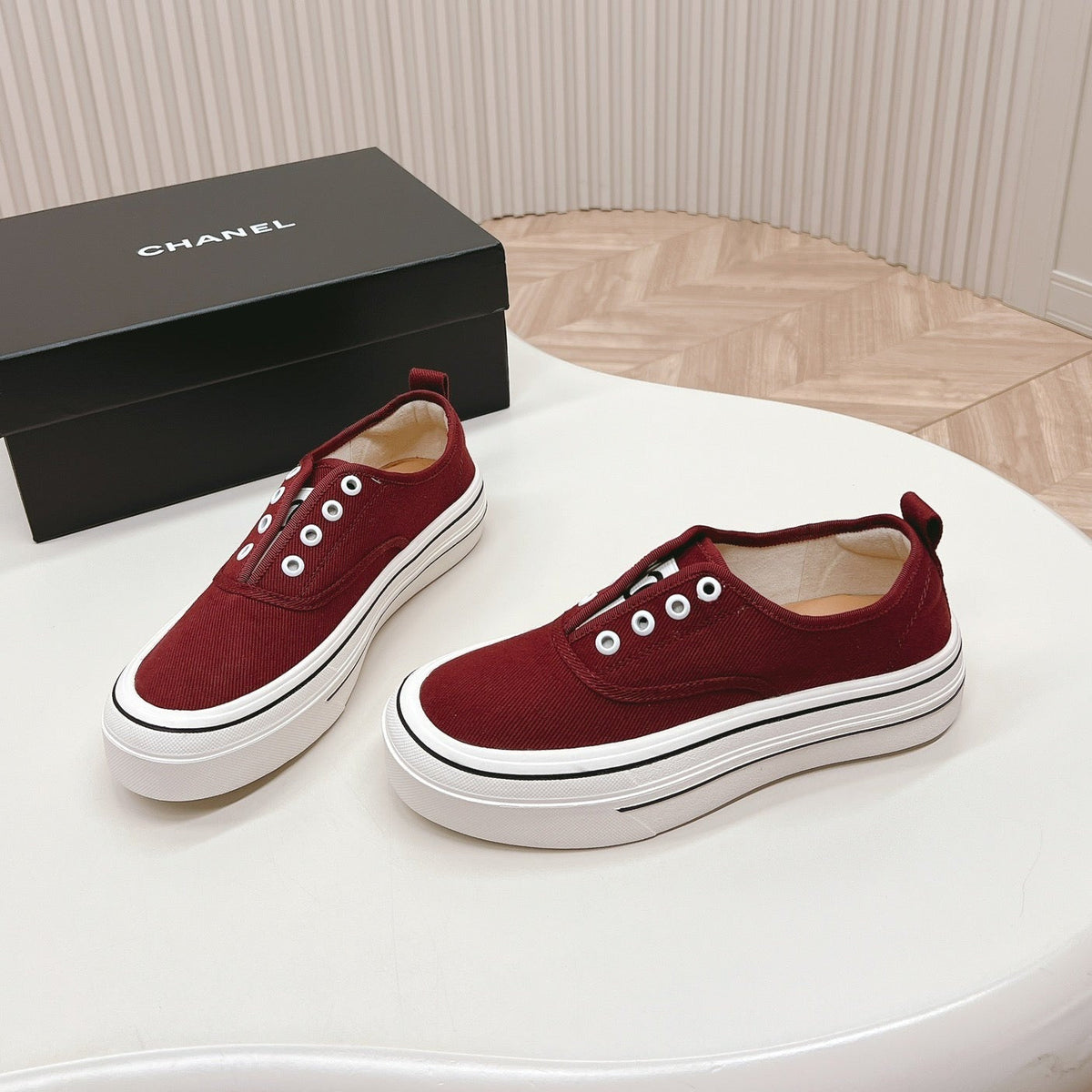 Chanel Double C Platform Biscuit Shoes Fabric Cherry Red