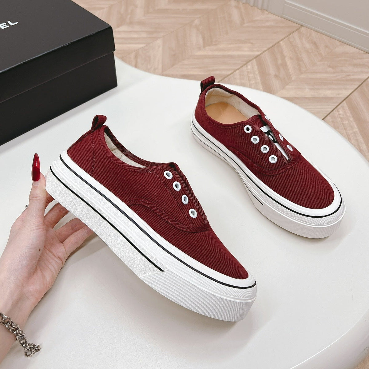 Chanel Double C Platform Biscuit Shoes Fabric Cherry Red