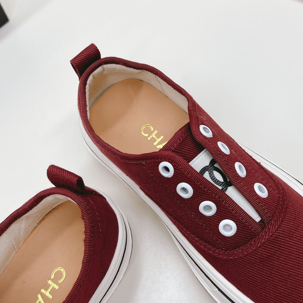 Chanel Double C Platform Biscuit Shoes Fabric Cherry Red