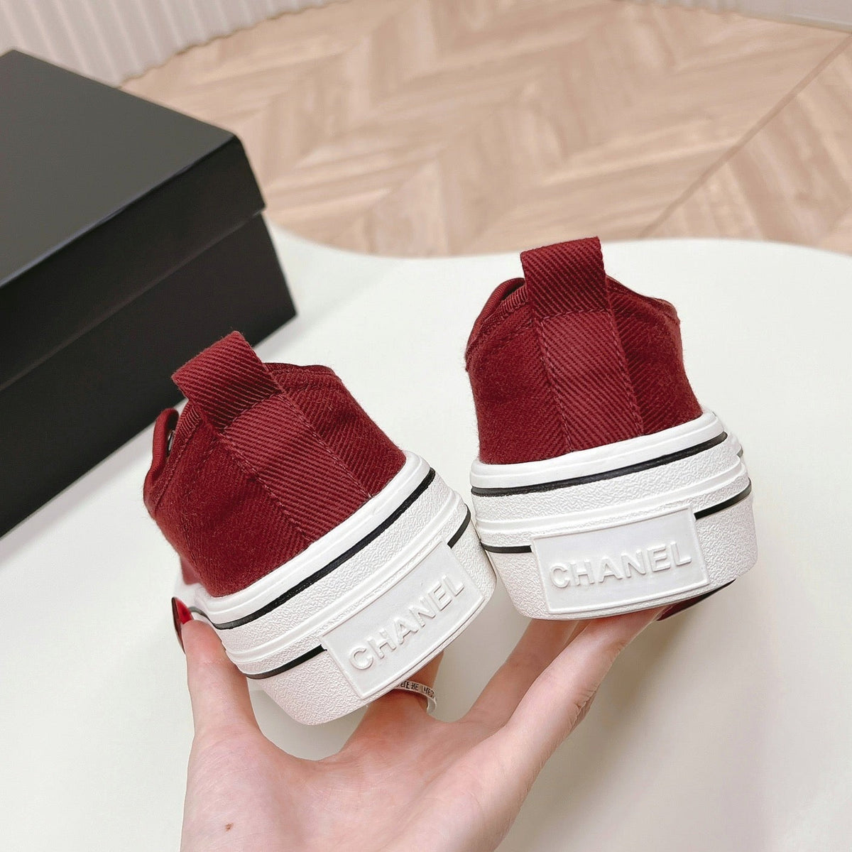 Chanel Double C Platform Biscuit Shoes Fabric Cherry Red