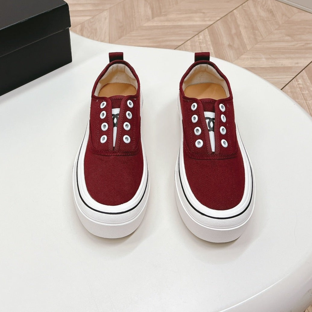 Chanel Double C Platform Biscuit Shoes Fabric Cherry Red