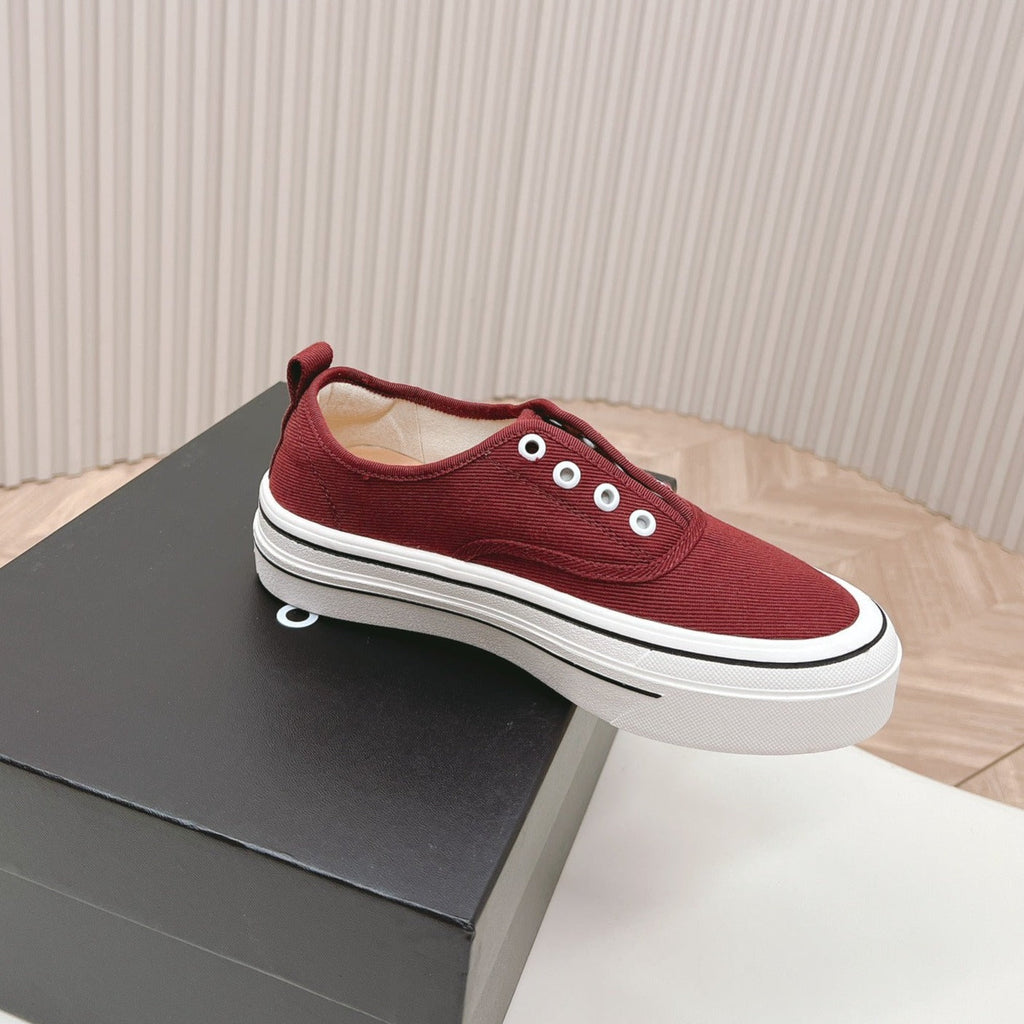 Chanel Double C Platform Biscuit Shoes Fabric Cherry Red