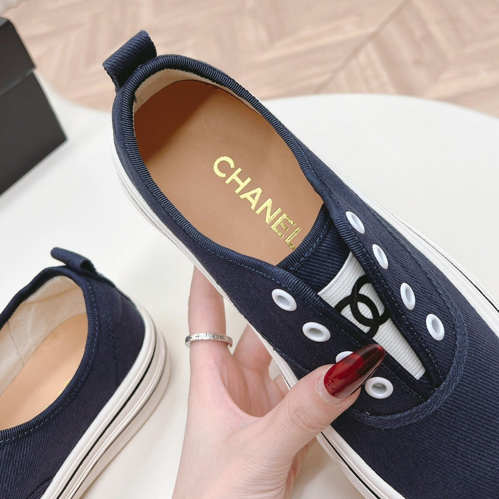 Chanel Double C Platform Biscuit Shoes Fabric Navy Blue