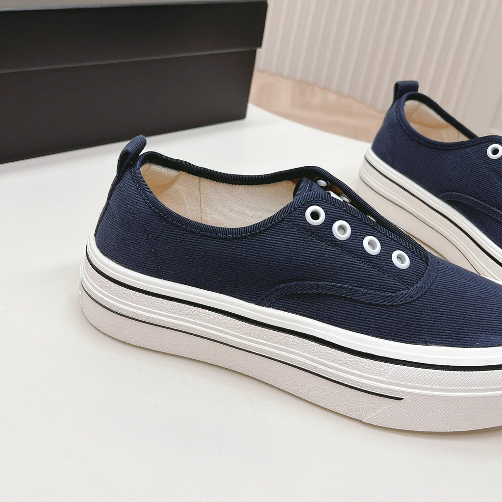 Chanel Double C Platform Biscuit Shoes Fabric Navy Blue