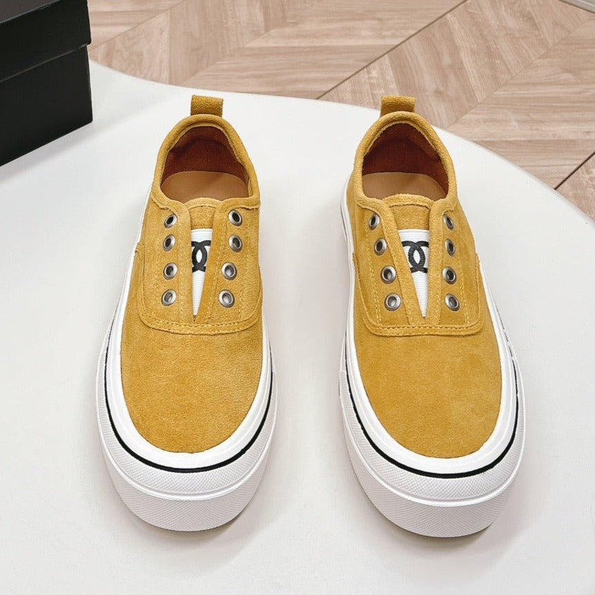 Chanel Double C Platform Biscuit Shoes Fabric Amber Yellow