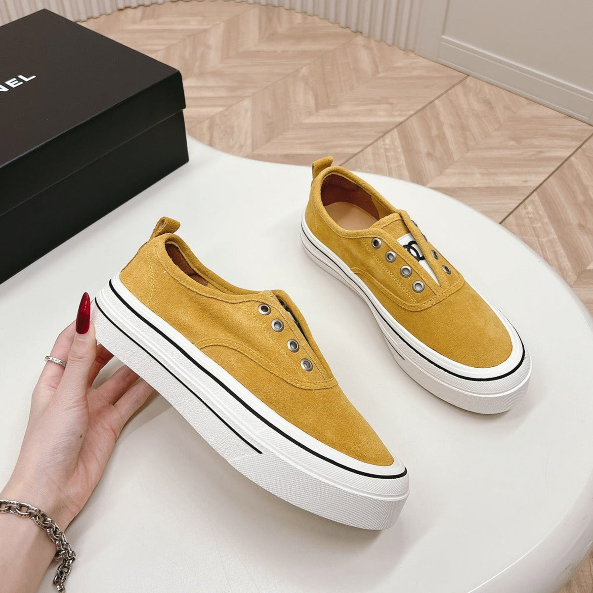 Chanel Double C Platform Biscuit Shoes Fabric Amber Yellow