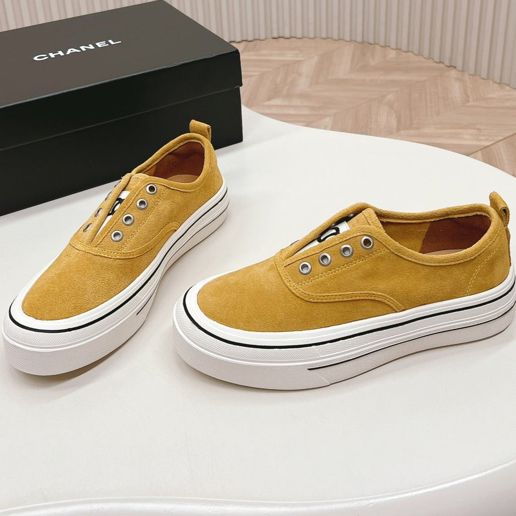 Chanel Double C Platform Biscuit Shoes Fabric Amber Yellow
