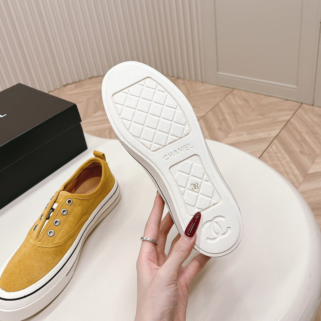 Chanel Double C Platform Biscuit Shoes Fabric Amber Yellow