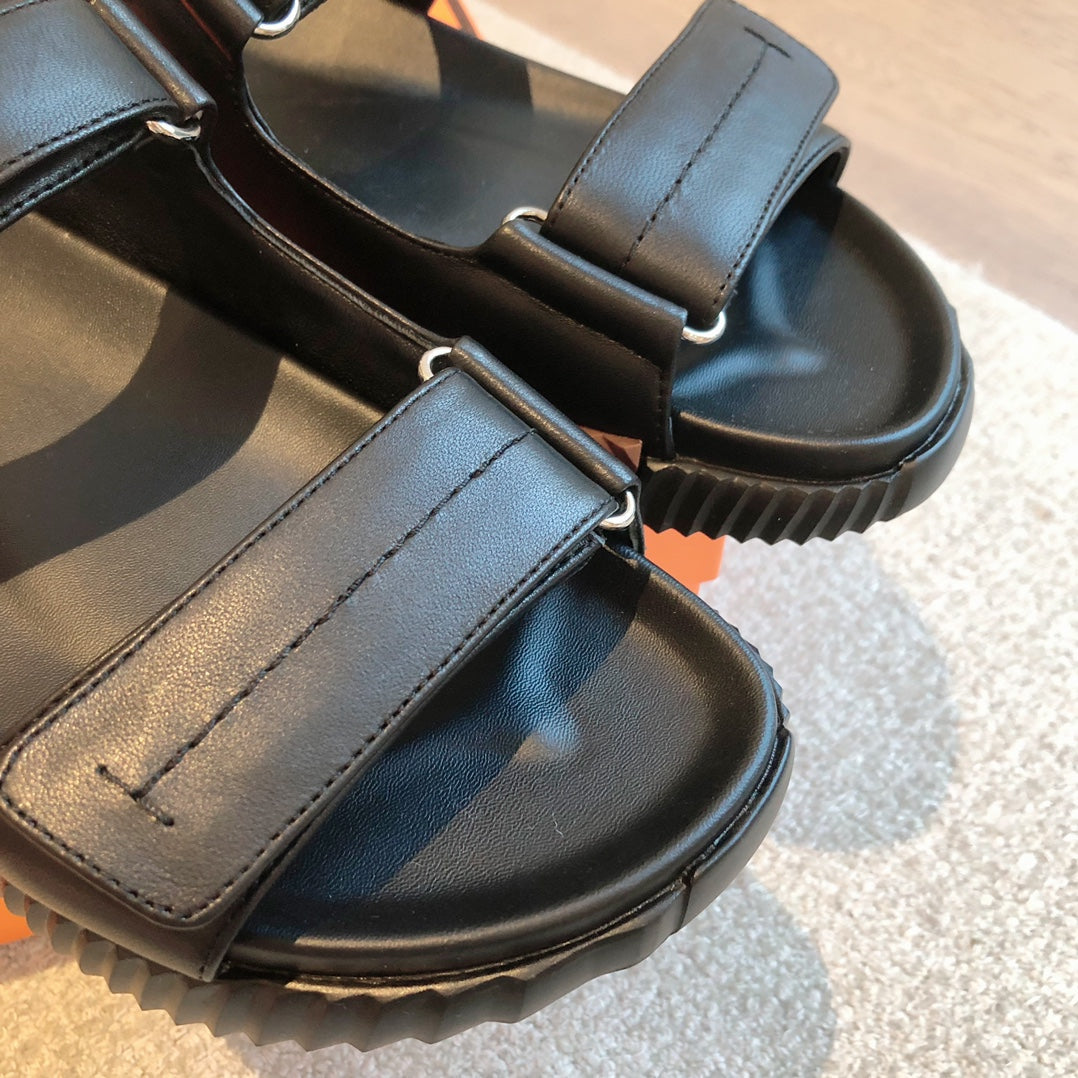 Hermes Dad Sandals in Black Calfskin and Rubber