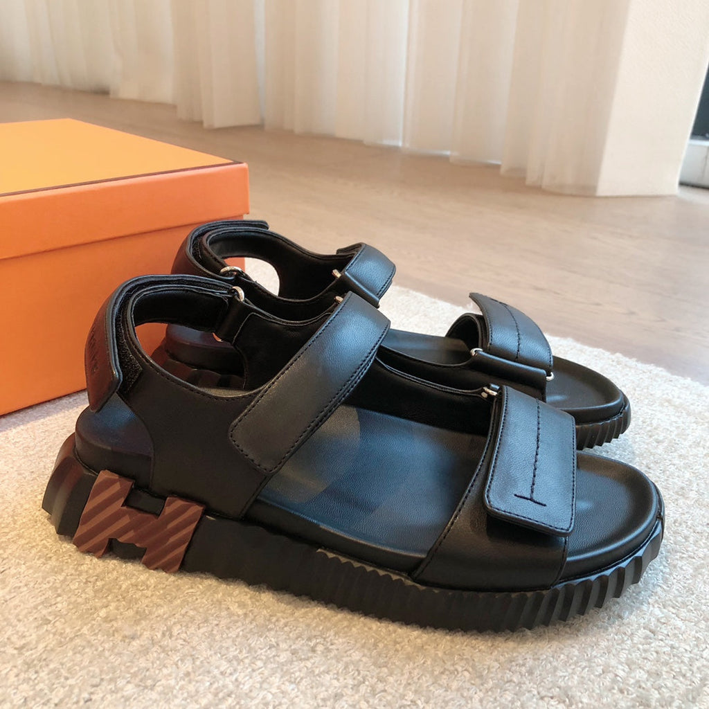 Hermes Dad Sandals in Black Calfskin and Rubber