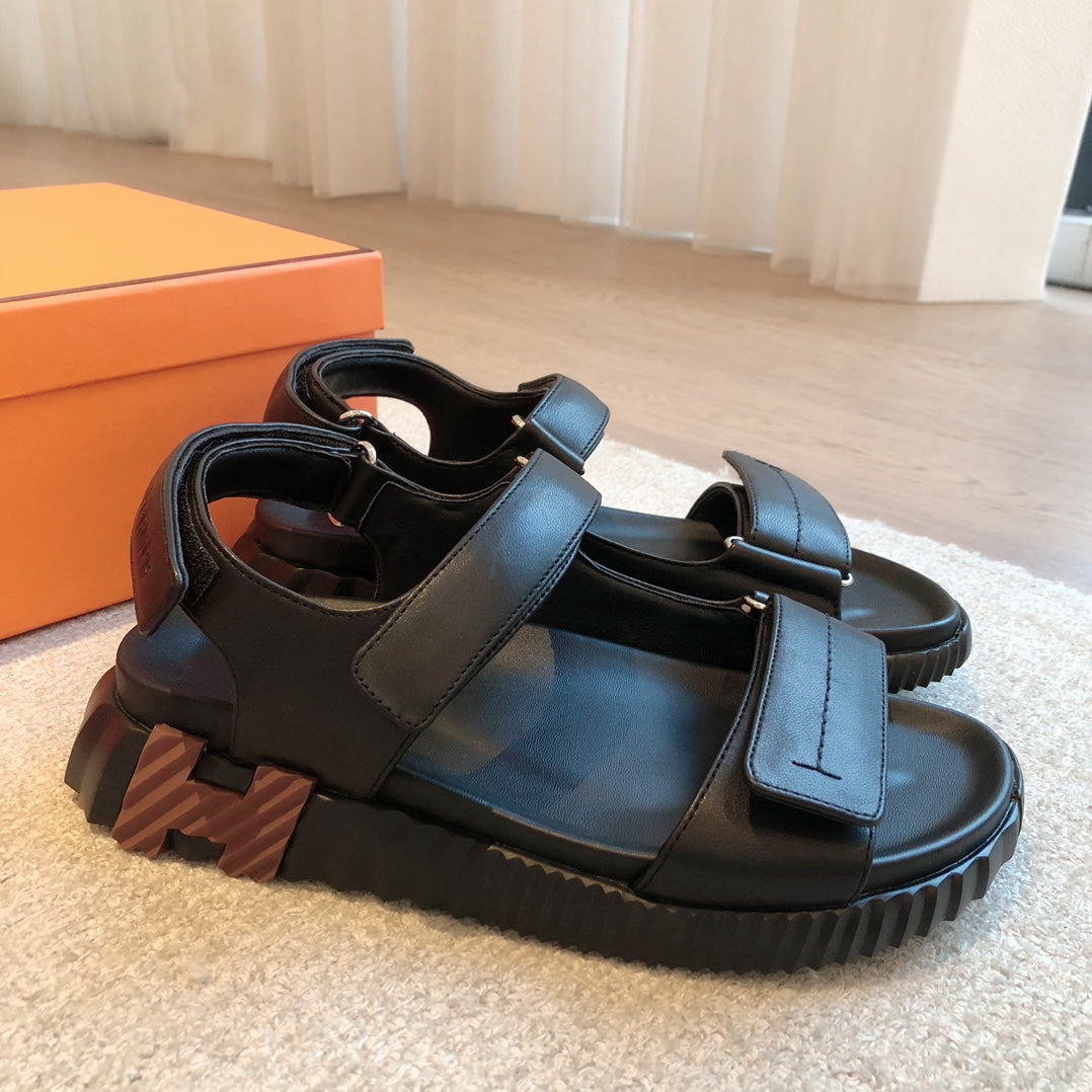 Hermes Dad Sandals in Black Calfskin and Rubber