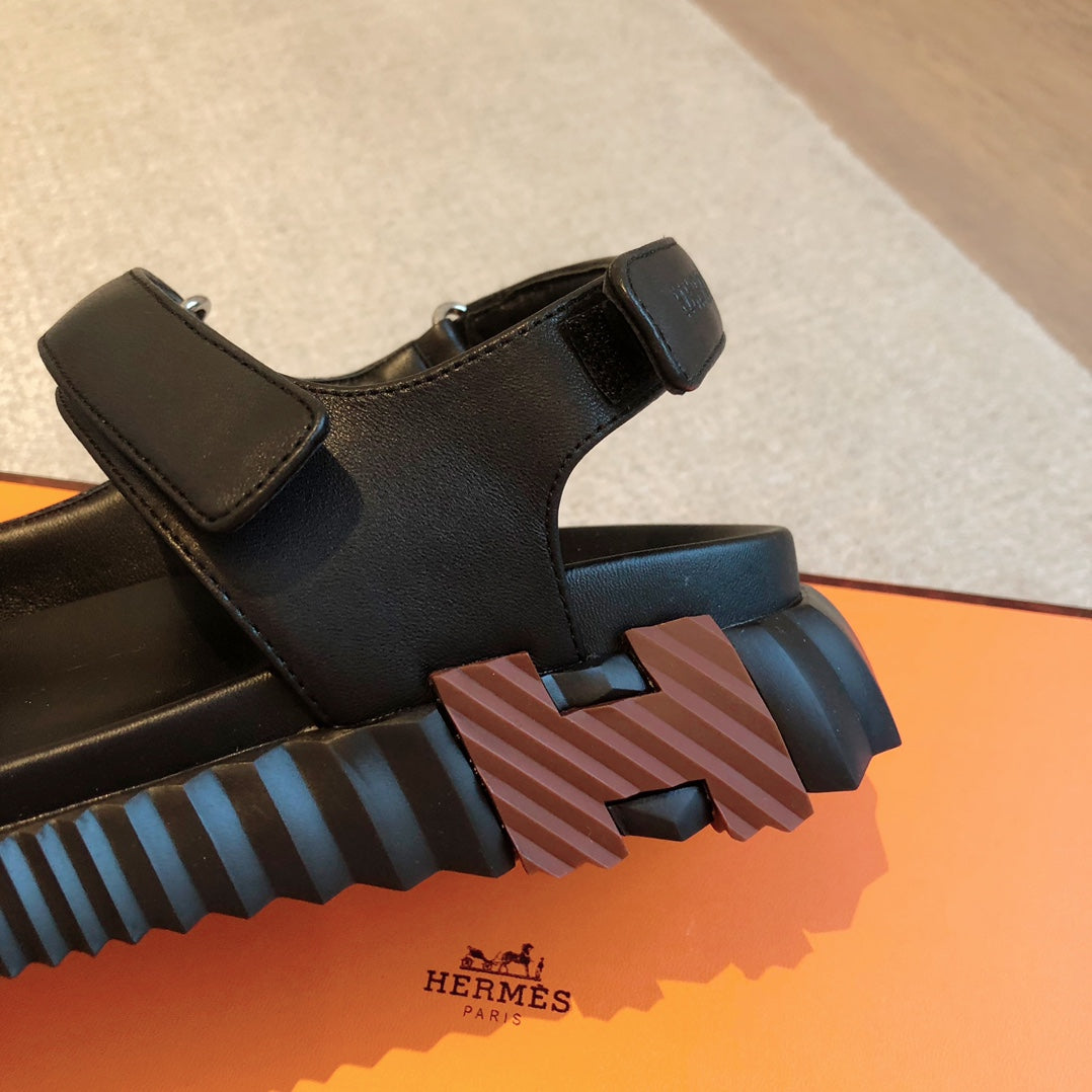 Hermes Dad Sandals in Black Calfskin and Rubber