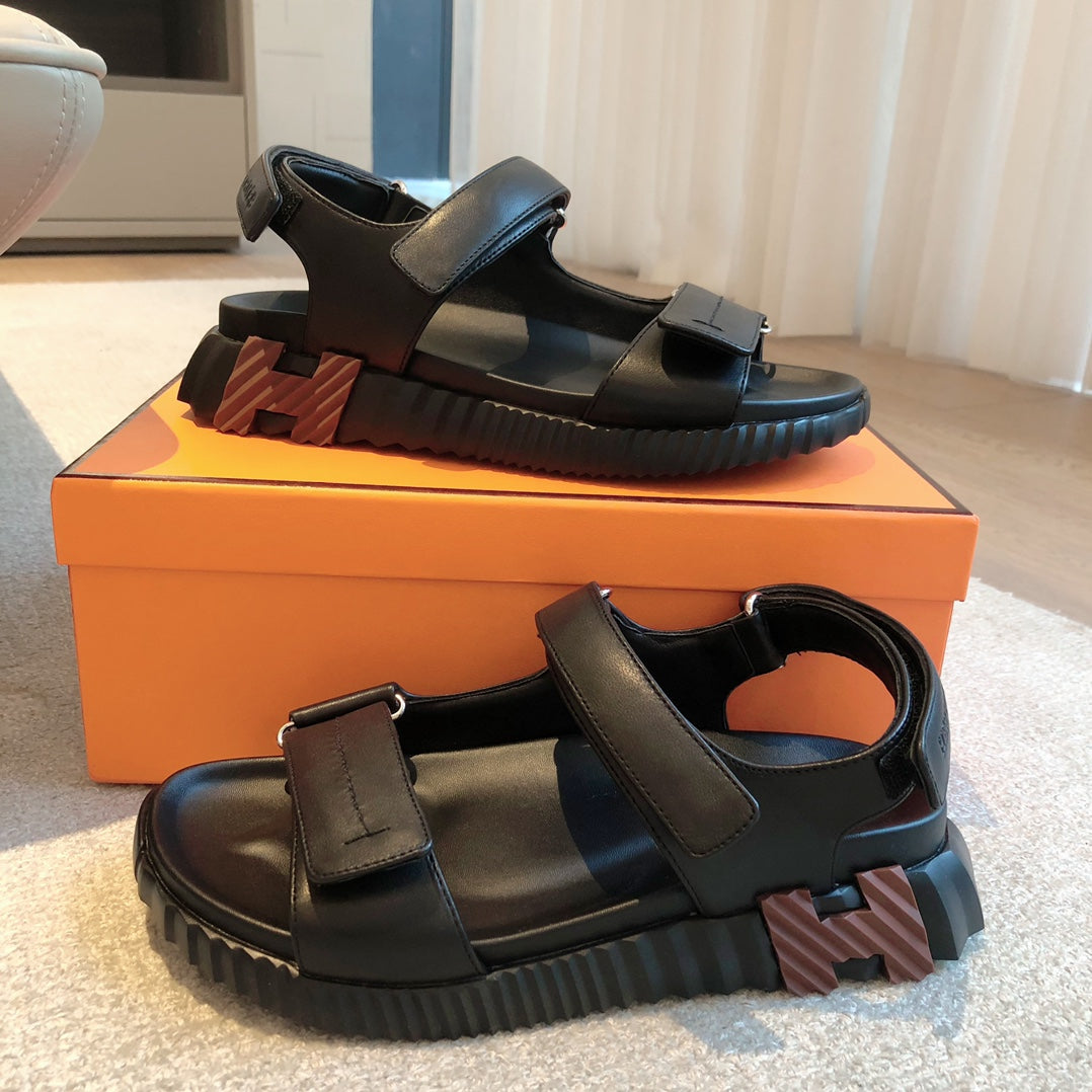 Hermes Dad Sandals in Black Calfskin and Rubber