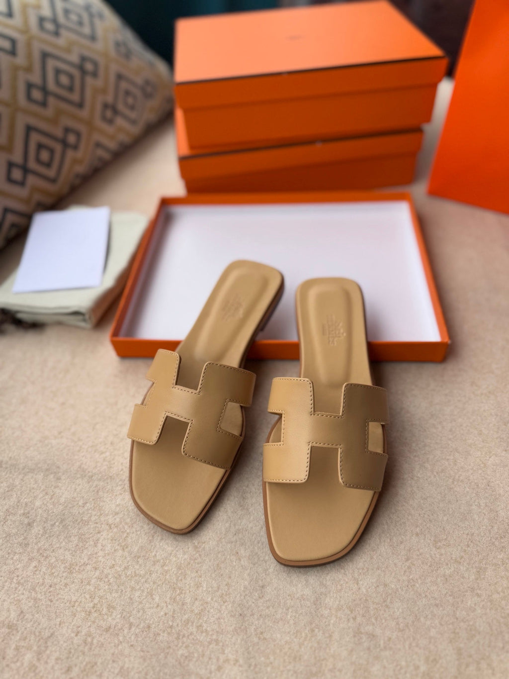 Hermes 0RAN Sandals in Tortilla Brown Calfskin
