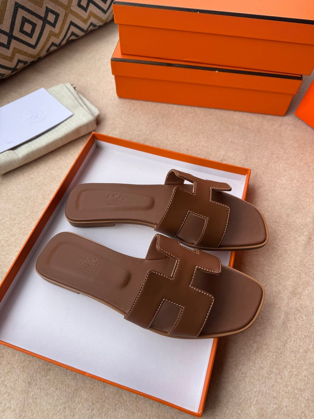Hermes 0RAN Sandals in Pecan Brown Calfskin