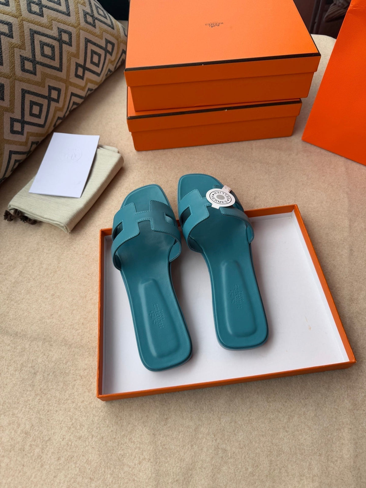 Hermes 0RAN Sandals in Sapphire Blue Calfskin