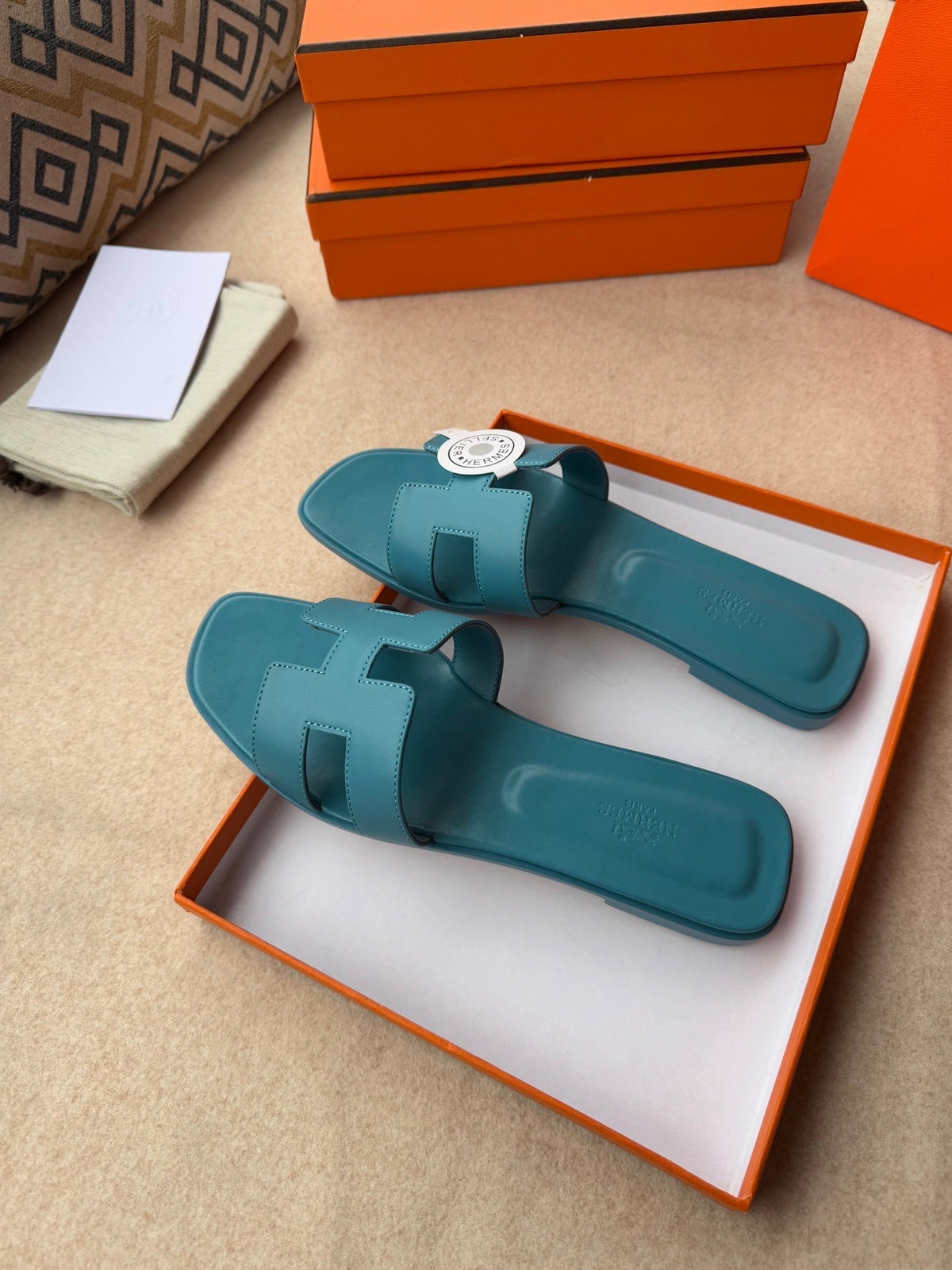 Hermes 0RAN Sandals in Sapphire Blue Calfskin