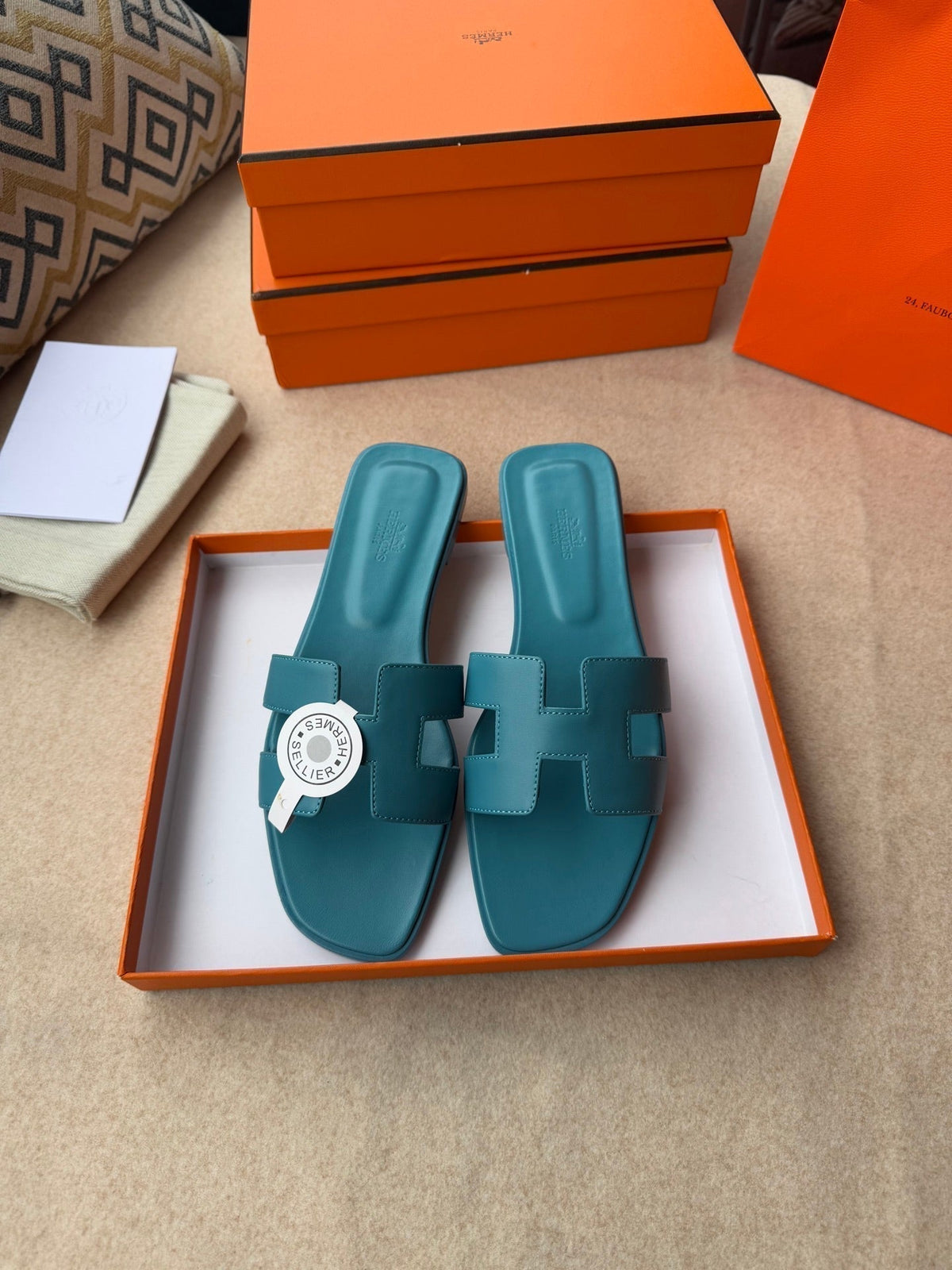 Hermes 0RAN Sandals in Sapphire Blue Calfskin