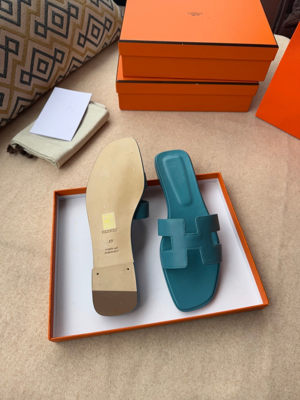 Hermes 0RAN Sandals in Sapphire Blue Calfskin