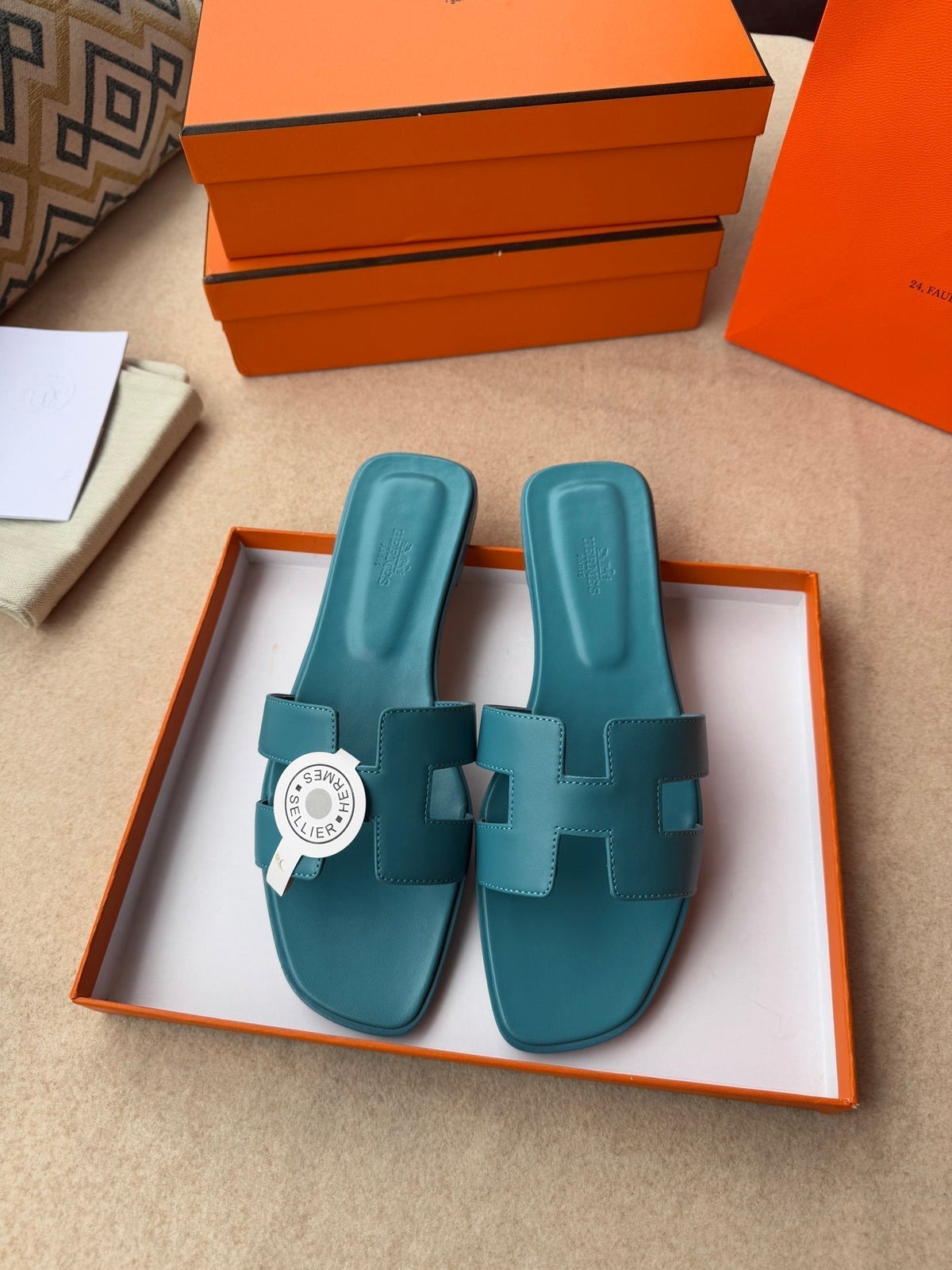 Hermes 0RAN Sandals in Sapphire Blue Calfskin