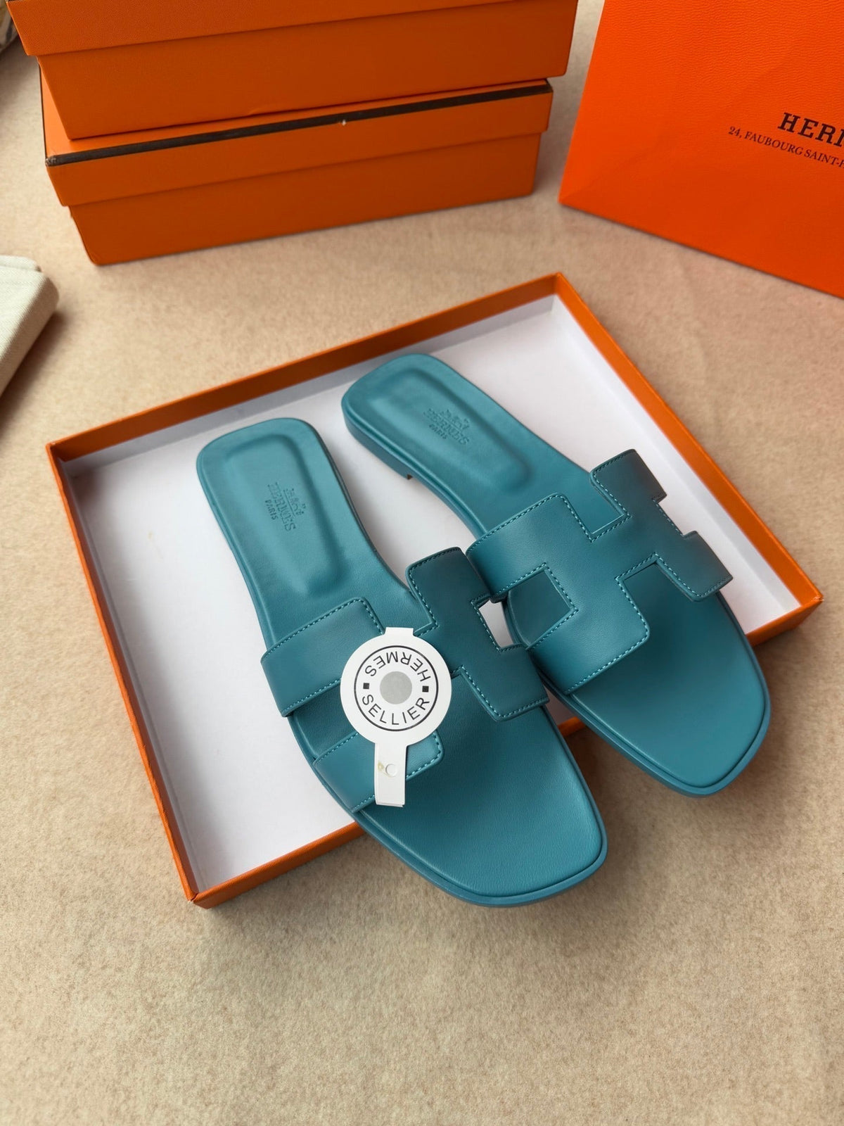 Hermes 0RAN Sandals in Sapphire Blue Calfskin