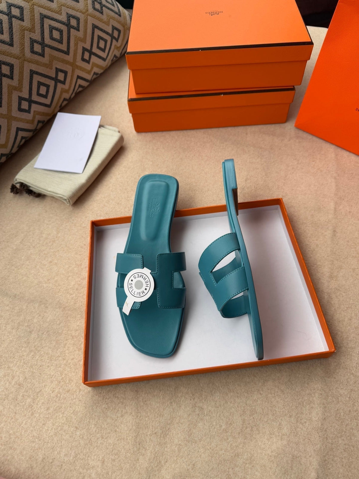Hermes 0RAN Sandals in Sapphire Blue Calfskin