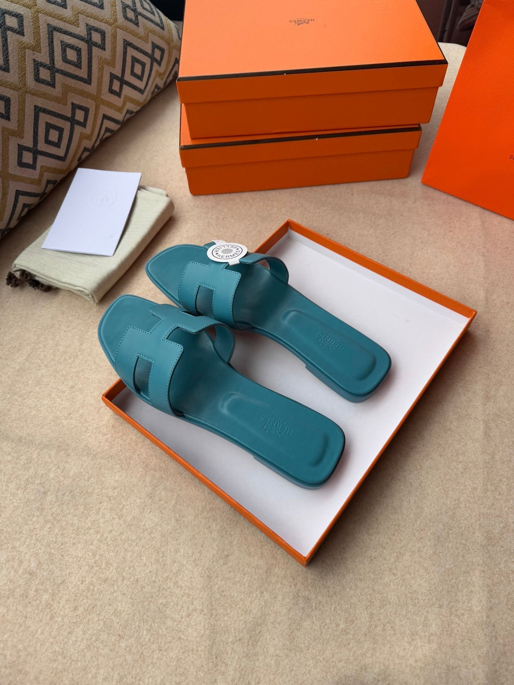 Hermes 0RAN Sandals in Sapphire Blue Calfskin