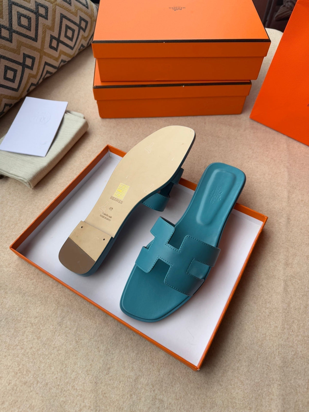 Hermes 0RAN Sandals in Sapphire Blue Calfskin