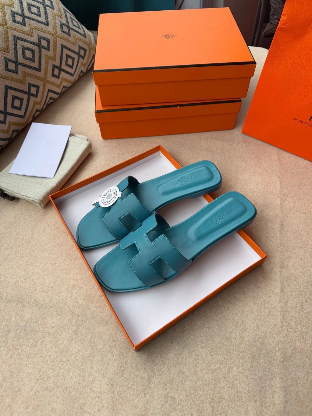 Hermes 0RAN Sandals in Sapphire Blue Calfskin