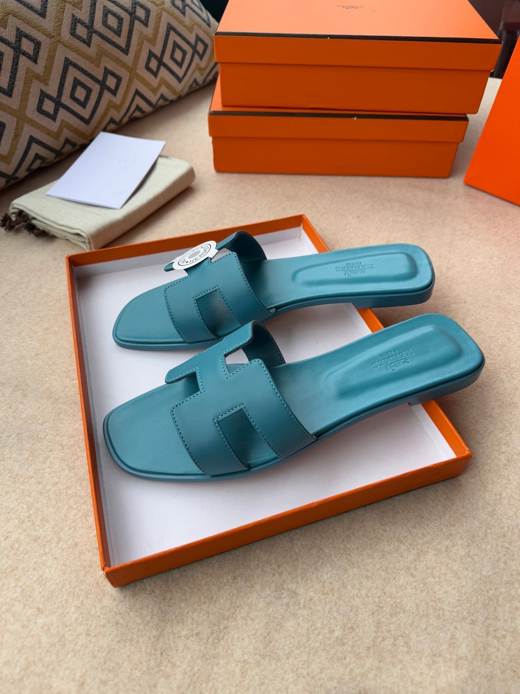 Hermes 0RAN Sandals in Sapphire Blue Calfskin