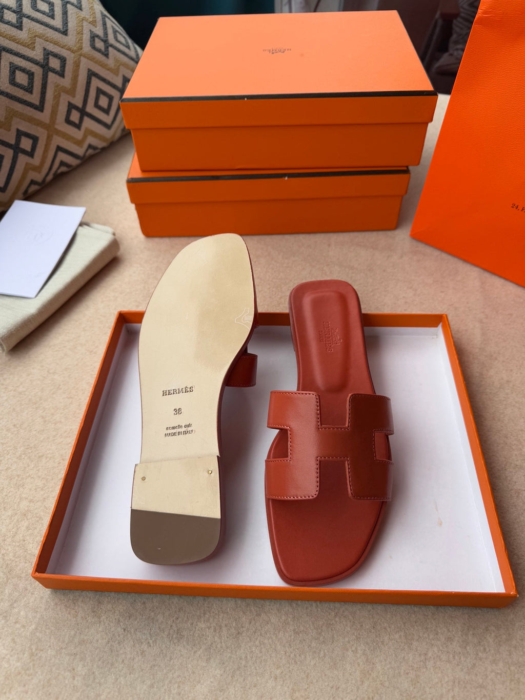Hermes 0RAN Sandals in Ginger Orange Calfskin