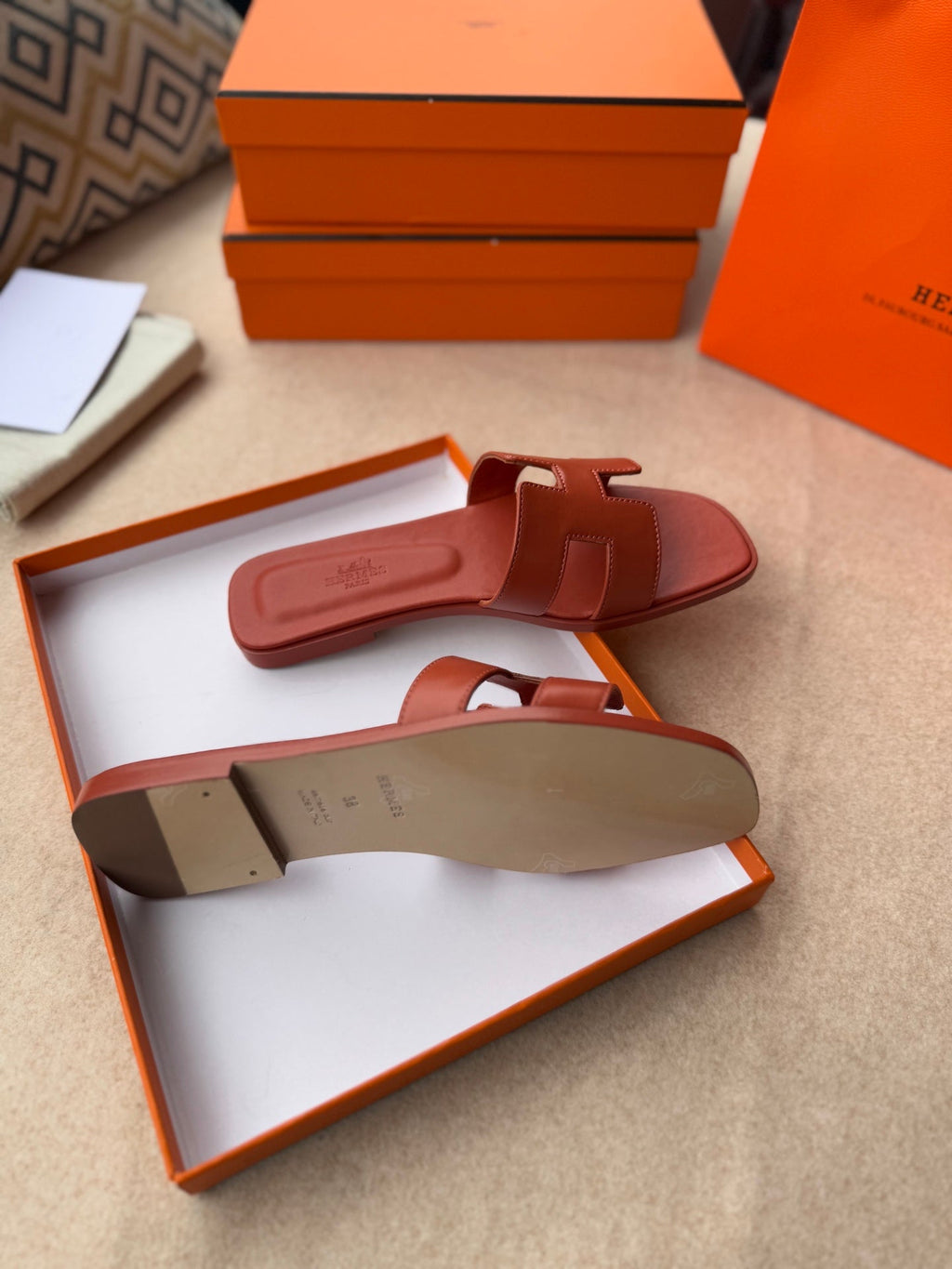 Hermes 0RAN Sandals in Ginger Orange Calfskin