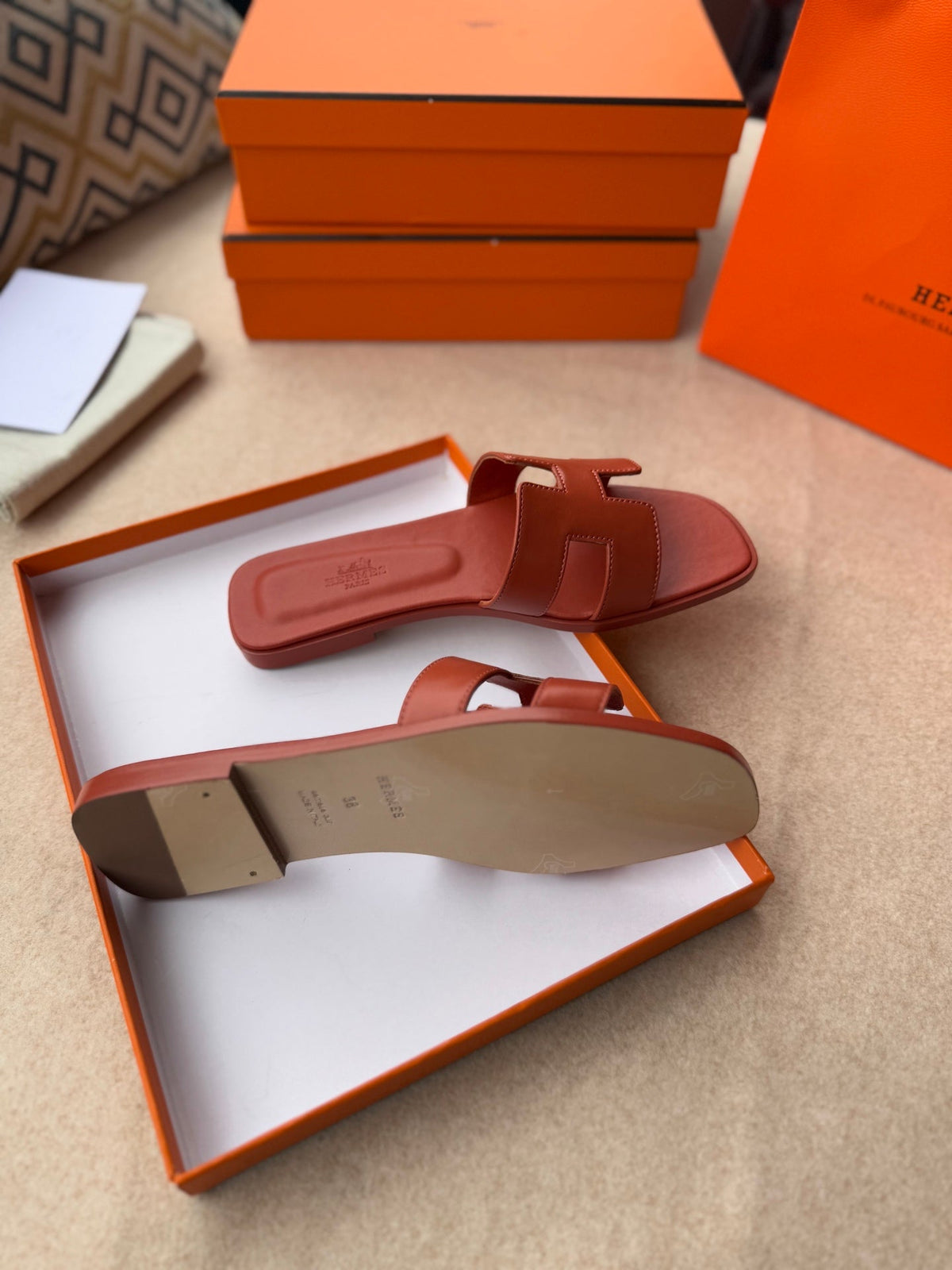 Hermes 0RAN Sandals in Ginger Orange Calfskin