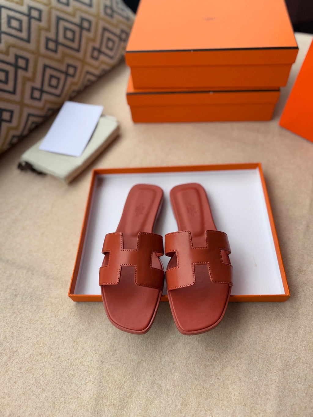 Hermes 0RAN Sandals in Ginger Orange Calfskin