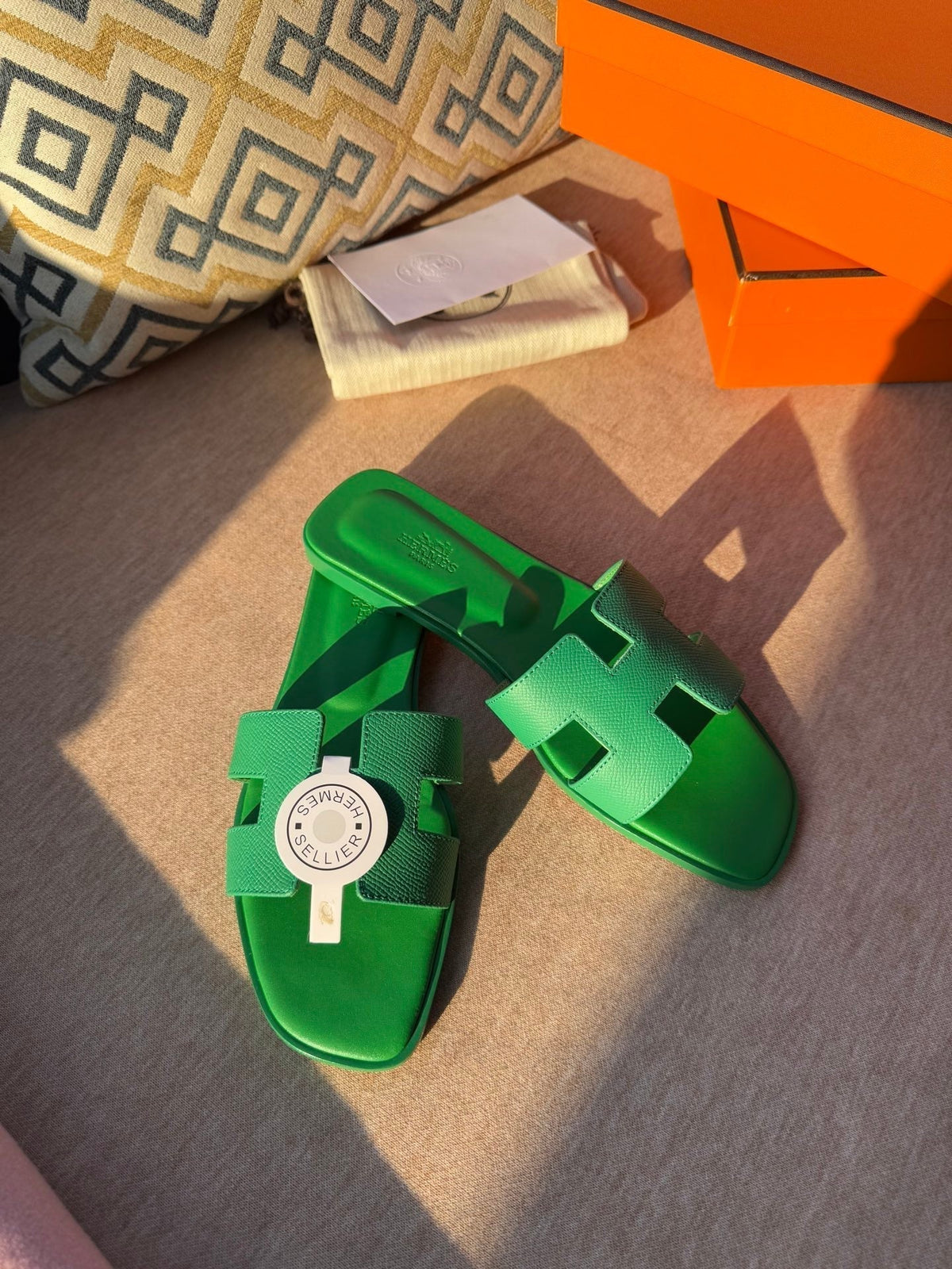 Hermes 0RAN Sandals in Shamrock Green Calfskin