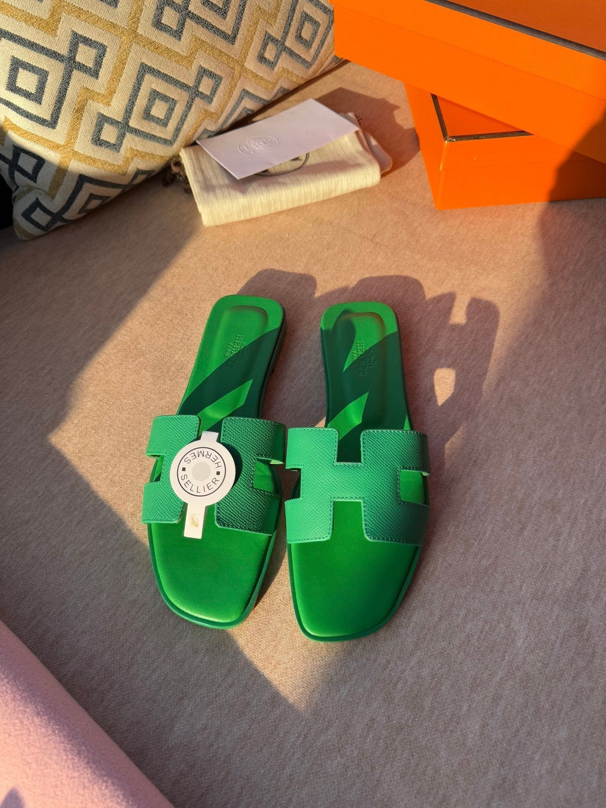 Hermes 0RAN Sandals in Shamrock Green Calfskin