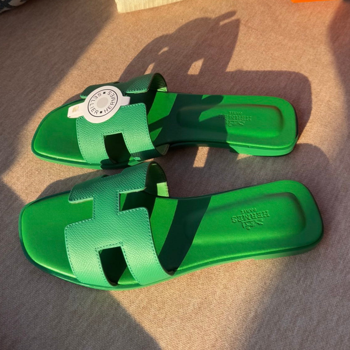 Hermes 0RAN Sandals in Shamrock Green Calfskin