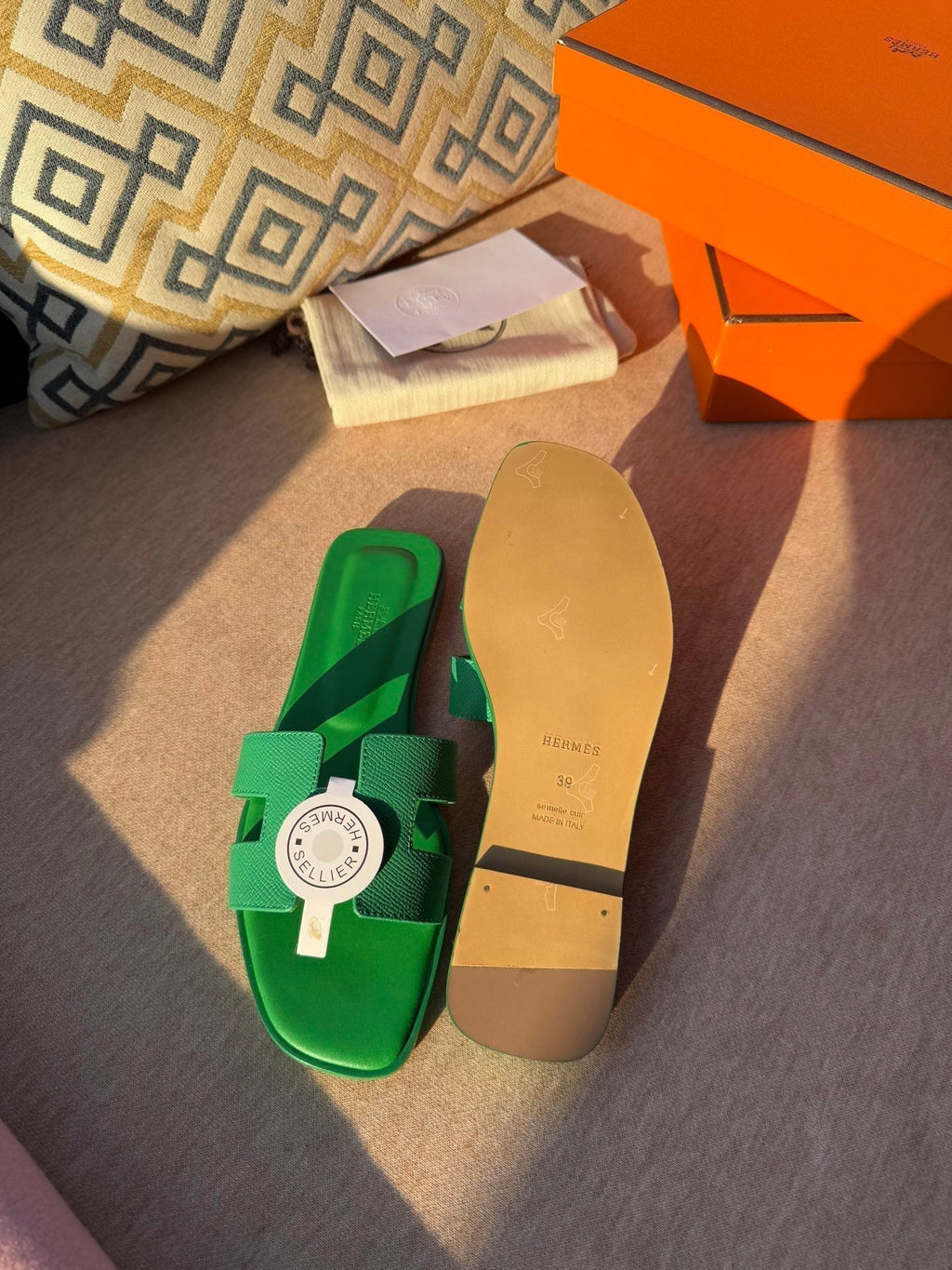 Hermes 0RAN Sandals in Shamrock Green Calfskin