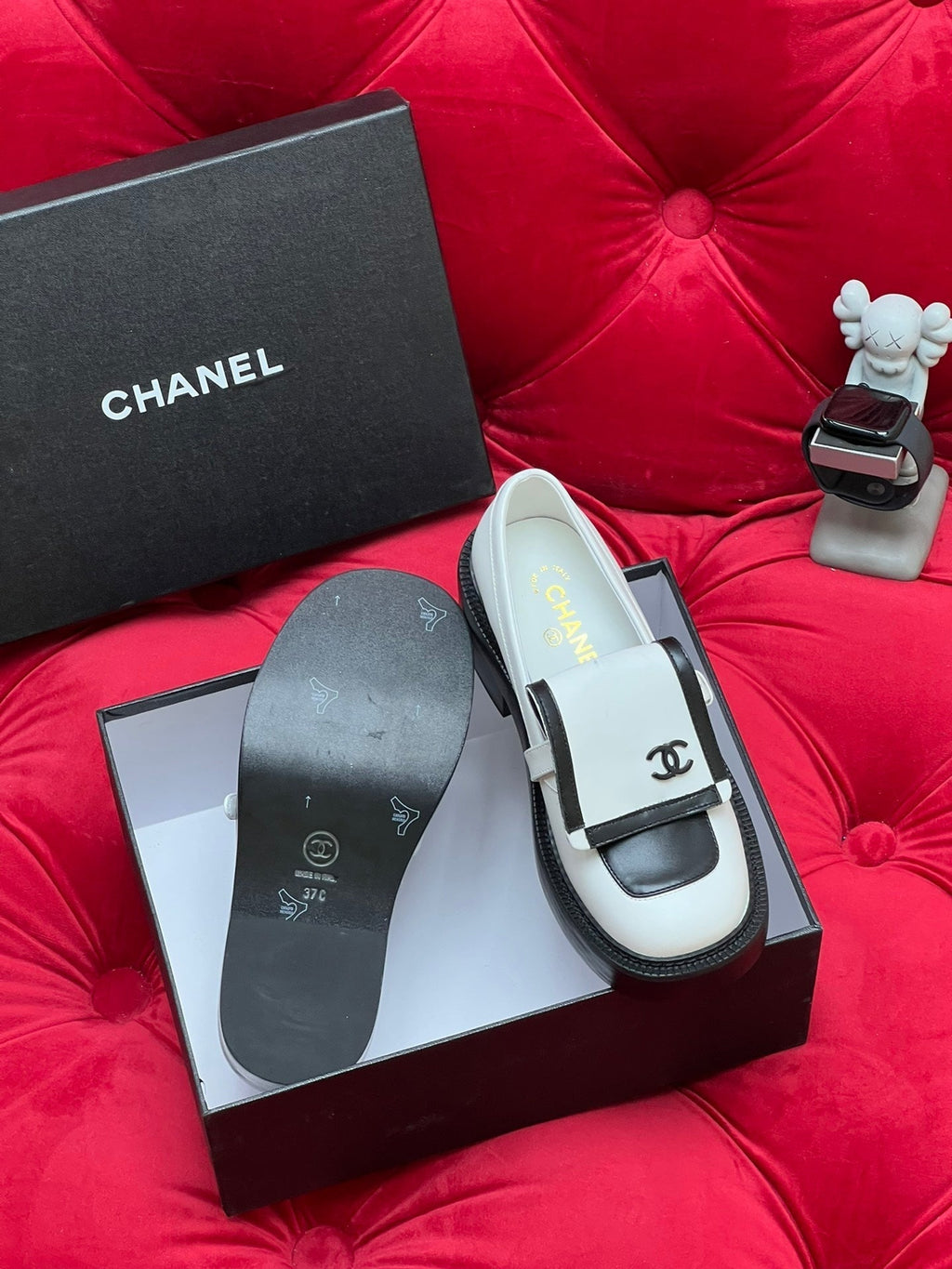 Chanel Moccasin Loafer in White Mix Black Lambskin