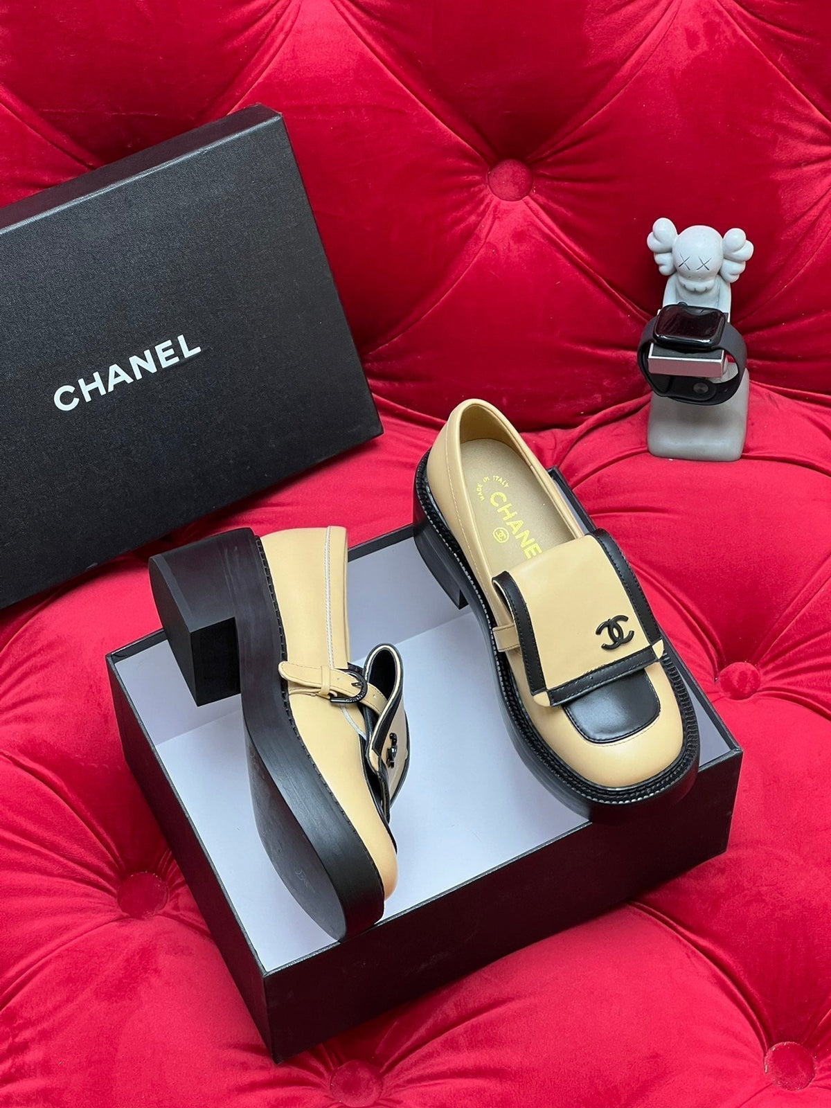 Chanel Moccasin Loafer in Yellow Cream Mix Black Lambskin