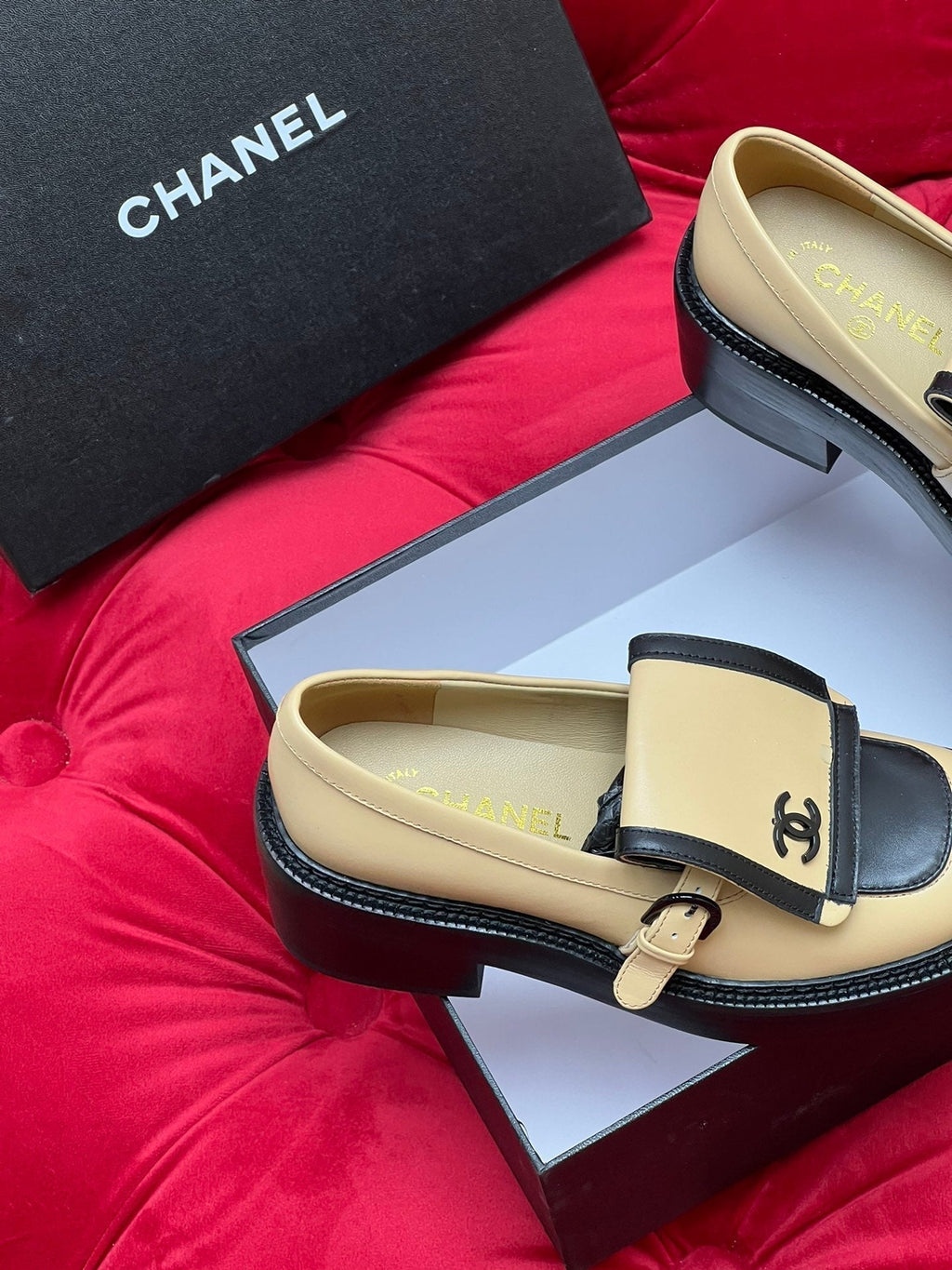 Chanel Moccasin Loafer in Yellow Cream Mix Black Lambskin