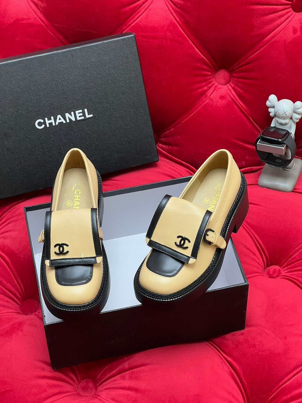 Chanel Moccasin Loafer in Yellow Cream Mix Black Lambskin