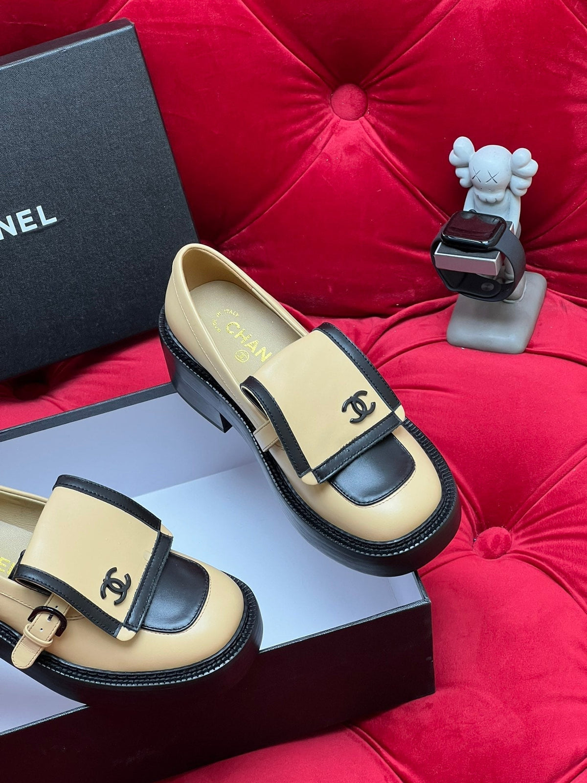 Chanel Moccasin Loafer in Yellow Cream Mix Black Lambskin
