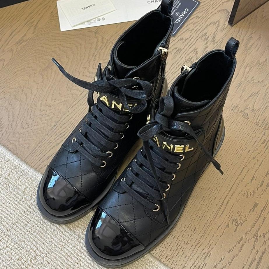 Chanel Alphabet Martin Boots in Black Lambskin
