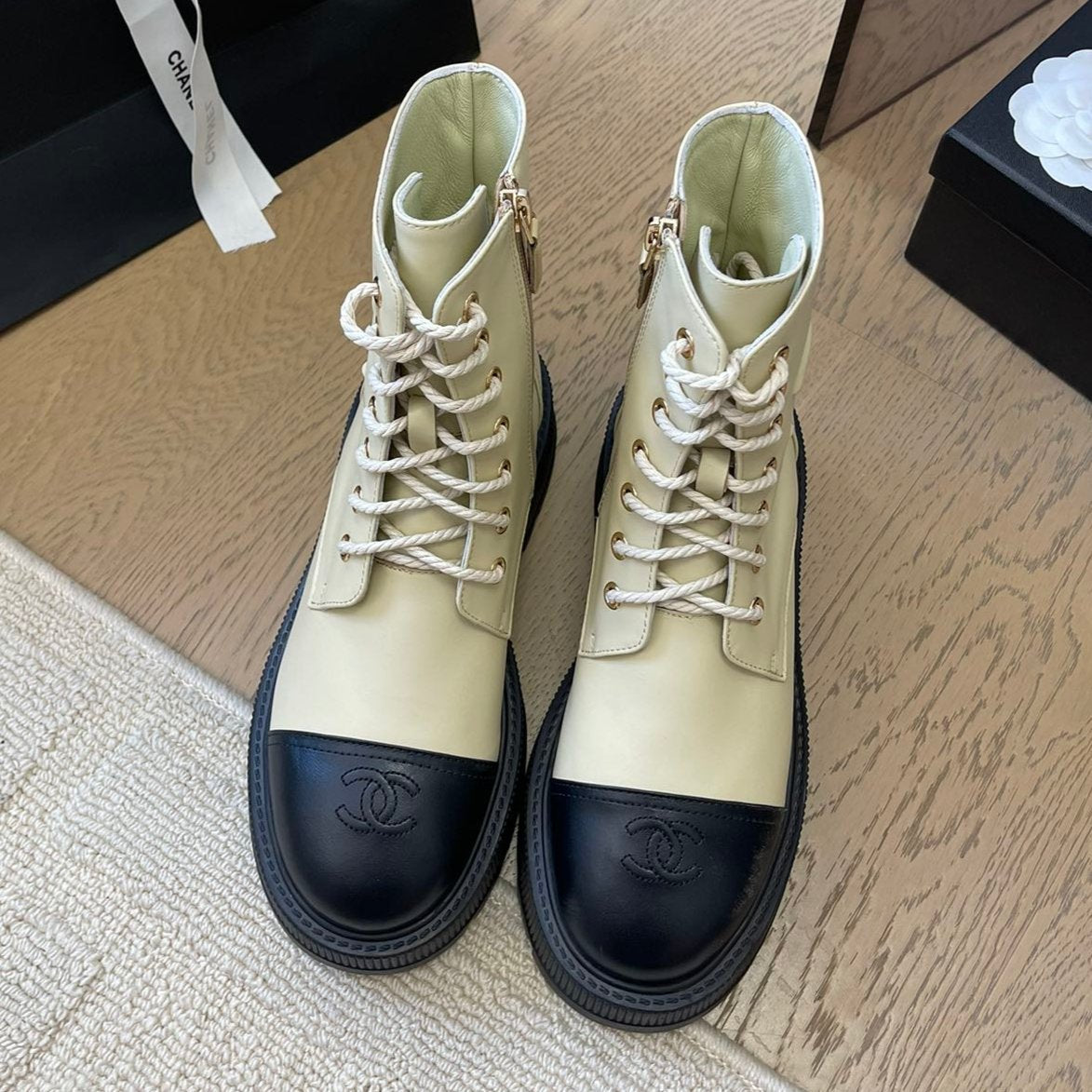 Chanel Ankle Boots in Pearl Gray Mix Black Calfskin
