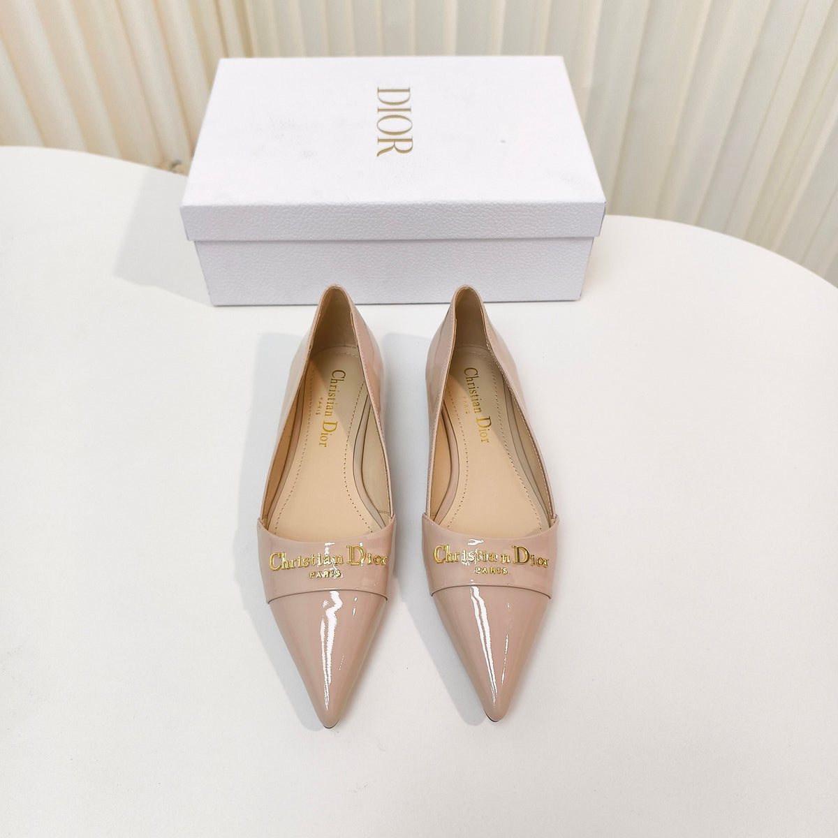 Dior Pointed Ballet Flats 25S in Beige Glossy Leather with Gold Hardware